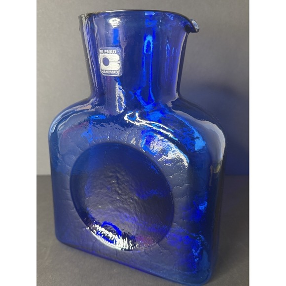 Blenko Glass Co Other - VTG Blenko Glass 384 Cobalt Blue Double Spout Water Bottle Pitcher Foil Label